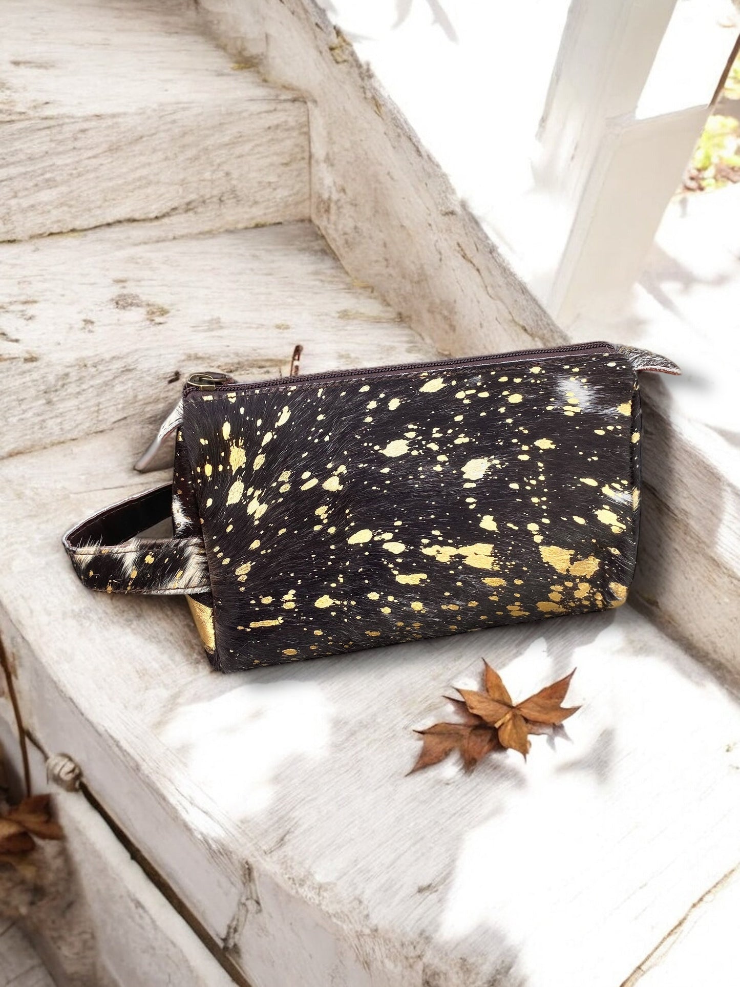 Cowhide Acid Wash Gold Toiletry Bag