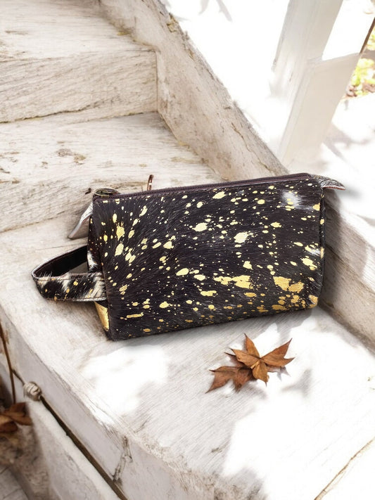 Cowhide Acid Wash Gold Toiletry Bag