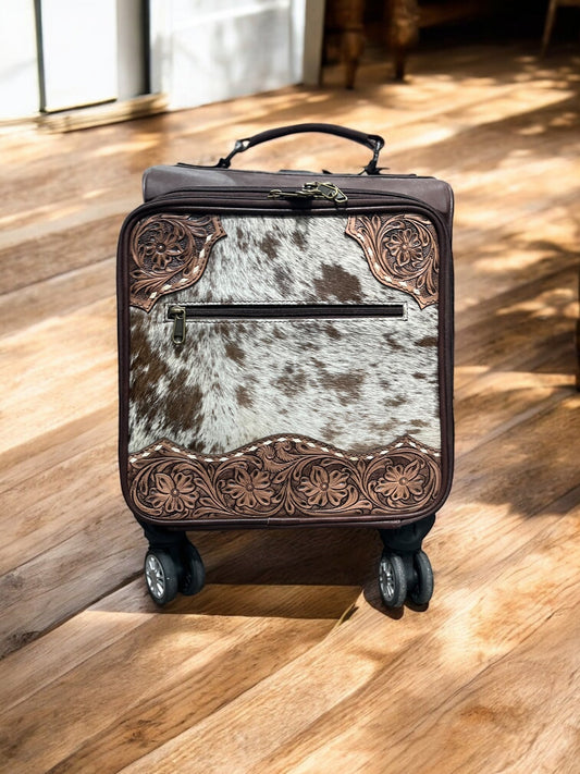 Small Cowhide & Tooled Leather Rolling Suitcase