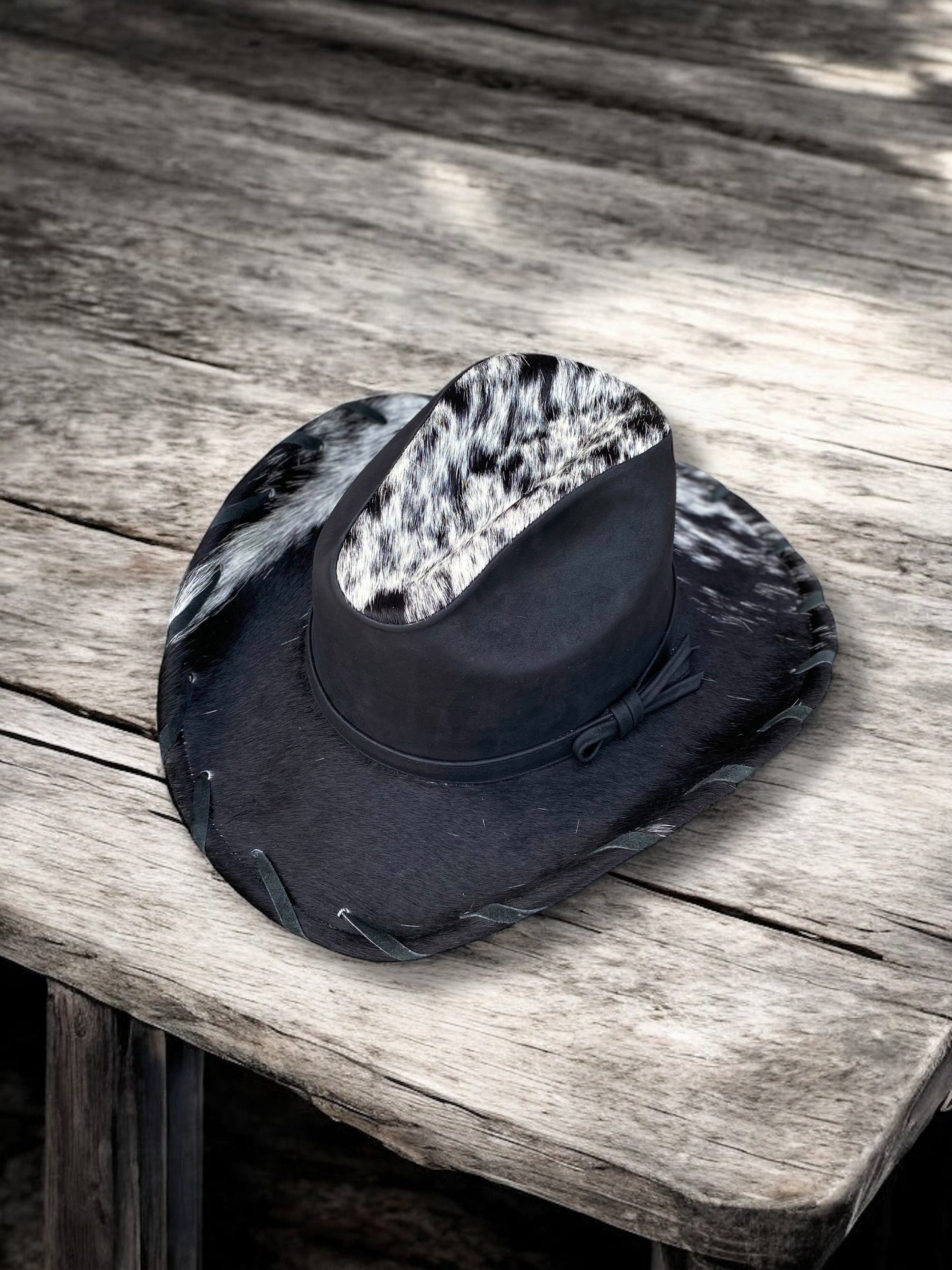 Large Western Black Cowhide & Genuine Leather Hat