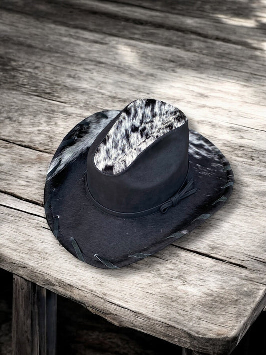 Large Western Black Cowhide & Genuine Leather Hat