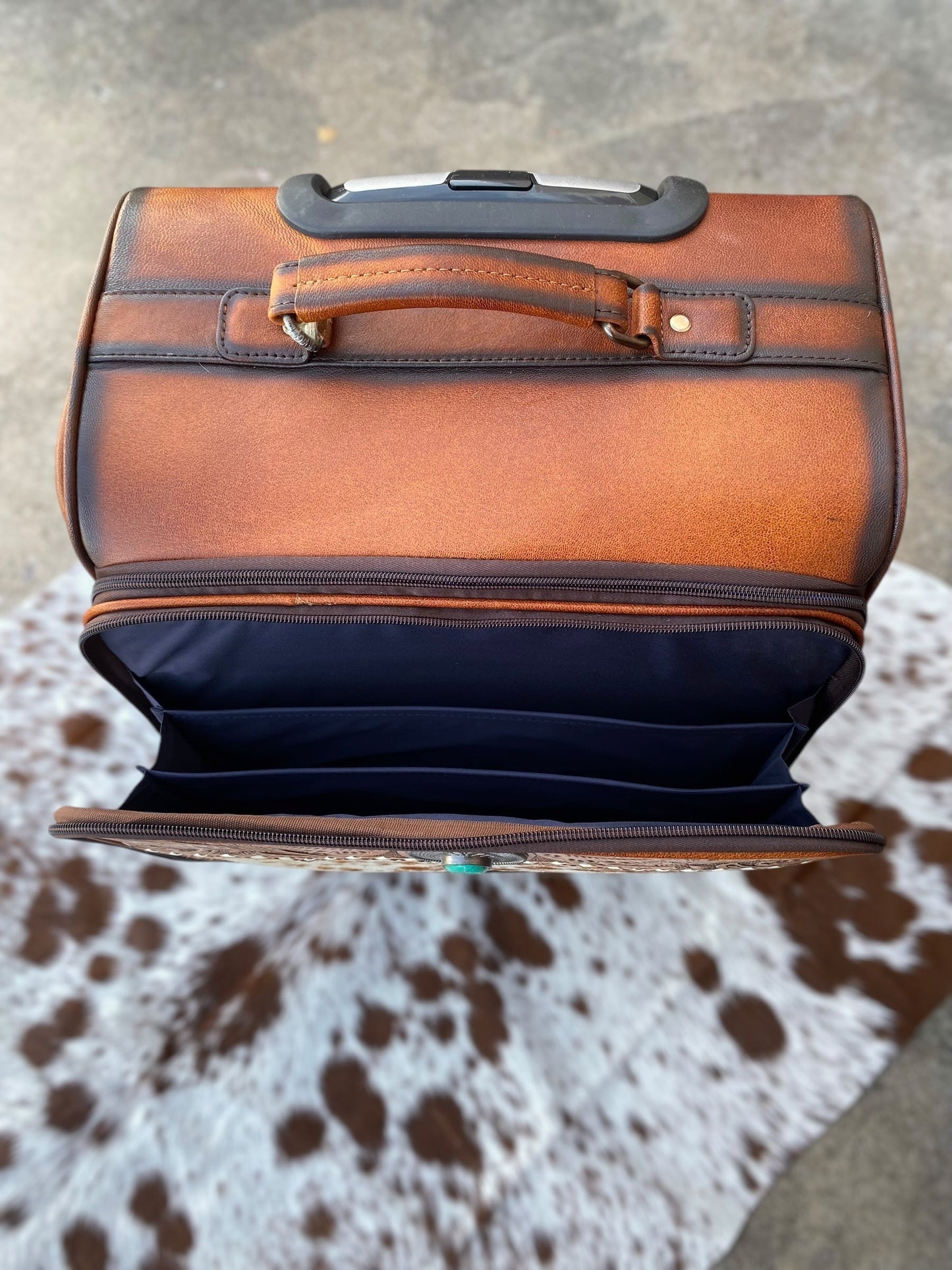 Small Burn Leather Rolling Cowhide Suitcase Carry Luggage