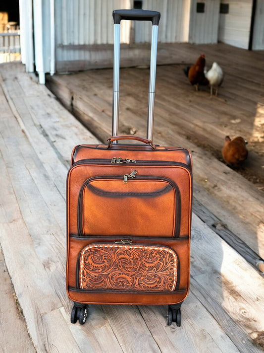 Medium Burn Tooled Leather Rolling Suitcase Carry Luggage