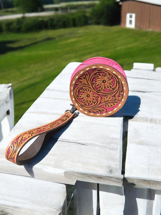 Pink Tooled Leather Round Wristlet