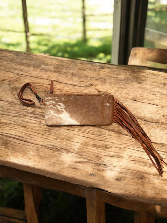 Tan Cowhide Fringe Long Wristlet