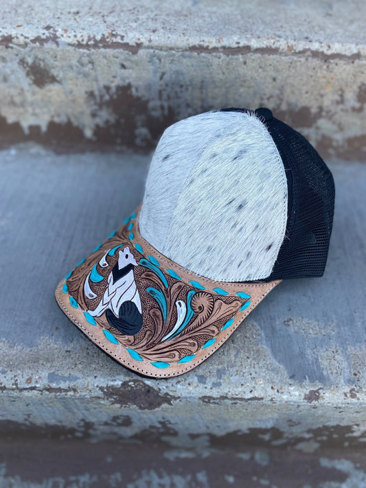Cowhide Tooled Wolf Floral Leather Cap