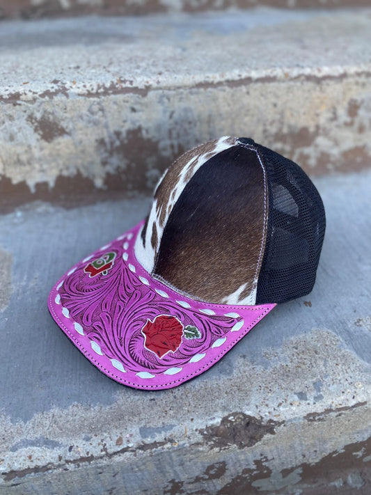 Cowhide All Tooled Pink Rose Cap