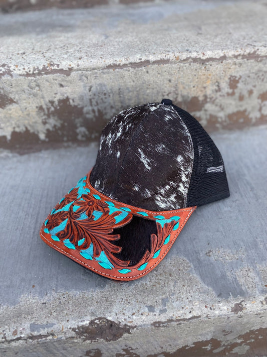Cowhide Tooled Turquoise Floral Cap