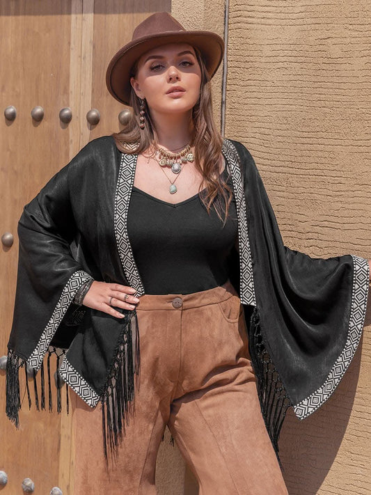Plus size geometric fringe cardigan