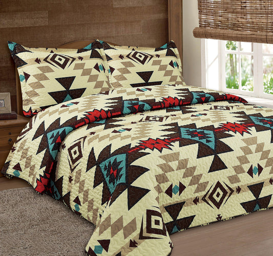 Cream Aztec Inspired 3pc Quilt
