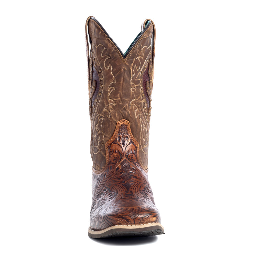 Myra Gianna Hand-Tooled Leather Boots for Women â€“ Studded Mid-Calf Western Brunch Heels with Embroidered Floral Designs