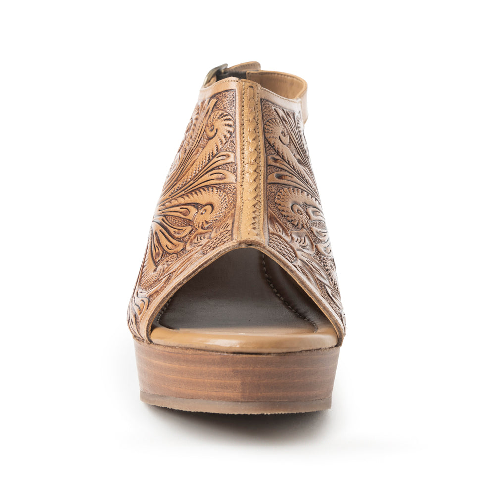 Myra Mila's Trail Embossed Leather Wedge Heels for Women â€“ Tan Floral Design, Adjustable Buckle, Comfortable Western Platform
