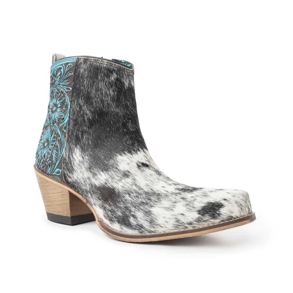 Myra Reyna Ridge Hairon Leather Booties – Teal Handtooled Detail, Square Toe, Country Cowgirl Style