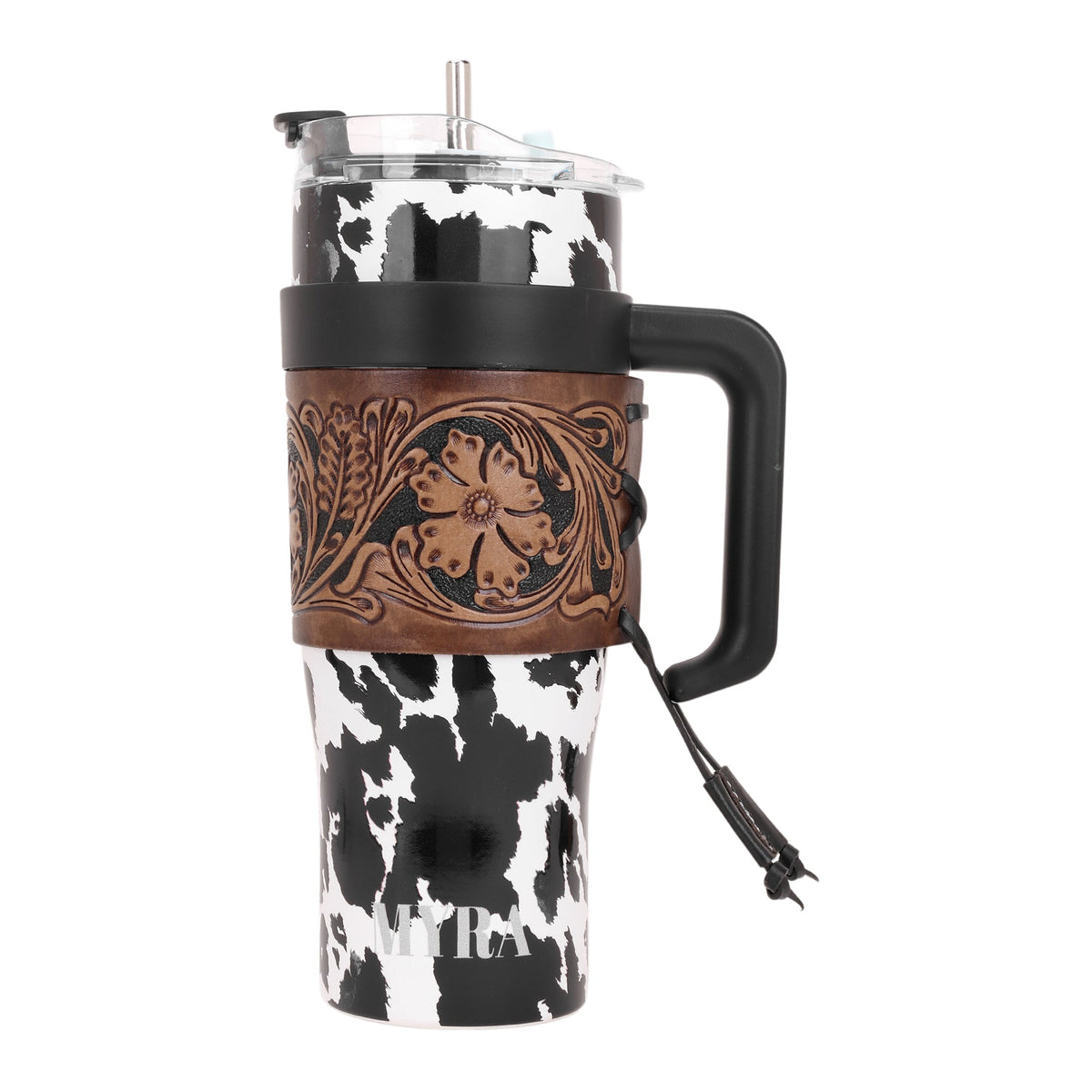 Myra Wide Wyoming Tumbler in black and white with cowhide print and tooled leather design for everyday use