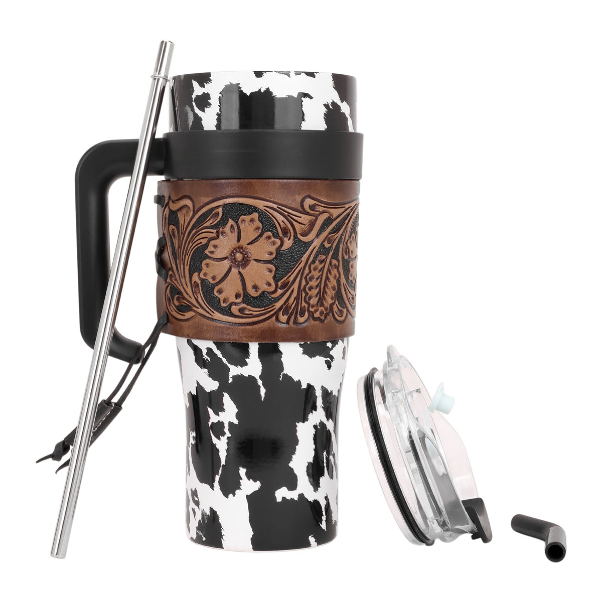 Myra Wide Wyoming Tumbler in black and white with cowhide print and tooled leather design for everyday use
