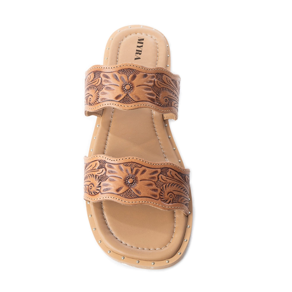 Myra Santa Fe Daisy Leather Sandals for Women - Handtooled Slides with Intricate Floral Design for Summer Comfort