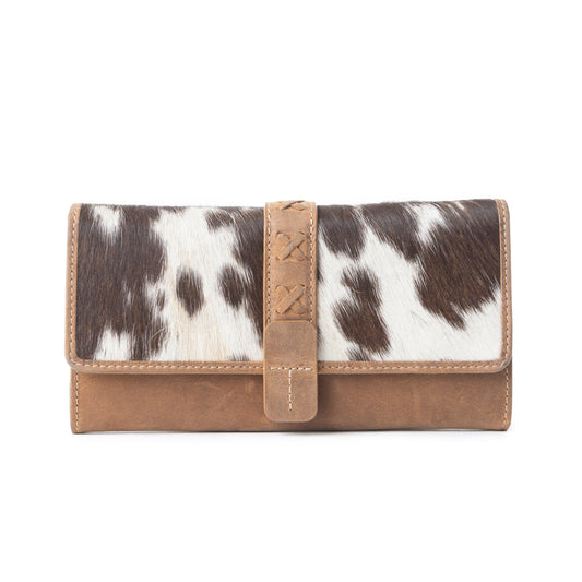 Myra Wind Rider Wallet in black and white with cowhide print and tooled leather detail for everyday use