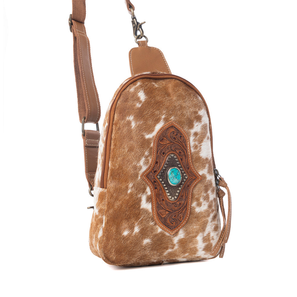 Myra Horizon Vale Handtooled Hairon Leather Fanny Pack in Warm Caramel