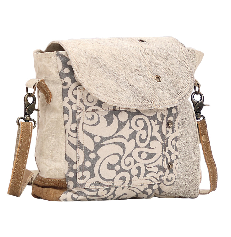 Myra Factual Hairon Leather Messenger Bag â€“ Swirl Canvas, White Hairon Flap, Rustic Straps for Everyday Western Style