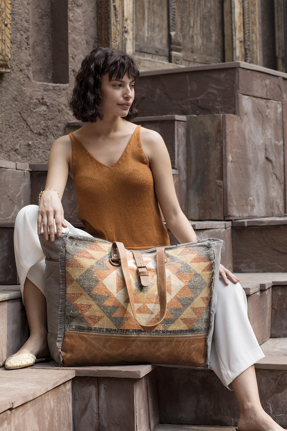 Myra Cosmopolitan Weekender Tote Bag â€“ Fringed Edges, Aztec Print Design with Buckle Flap Closure for Travel