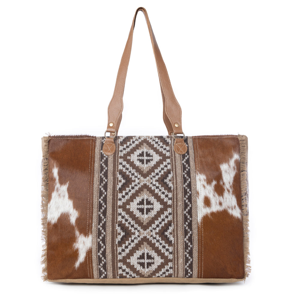 Myra Elisa Cowhide Leather Weekender Bag for Women with Tribal Woven Panel
