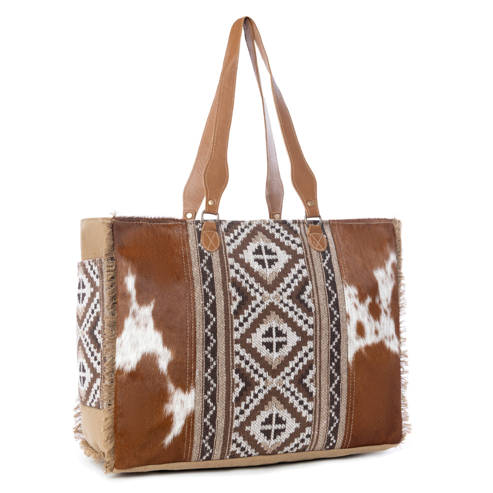 Myra Elisa Cowhide Leather Weekender Bag for Women with Tribal Woven Panel