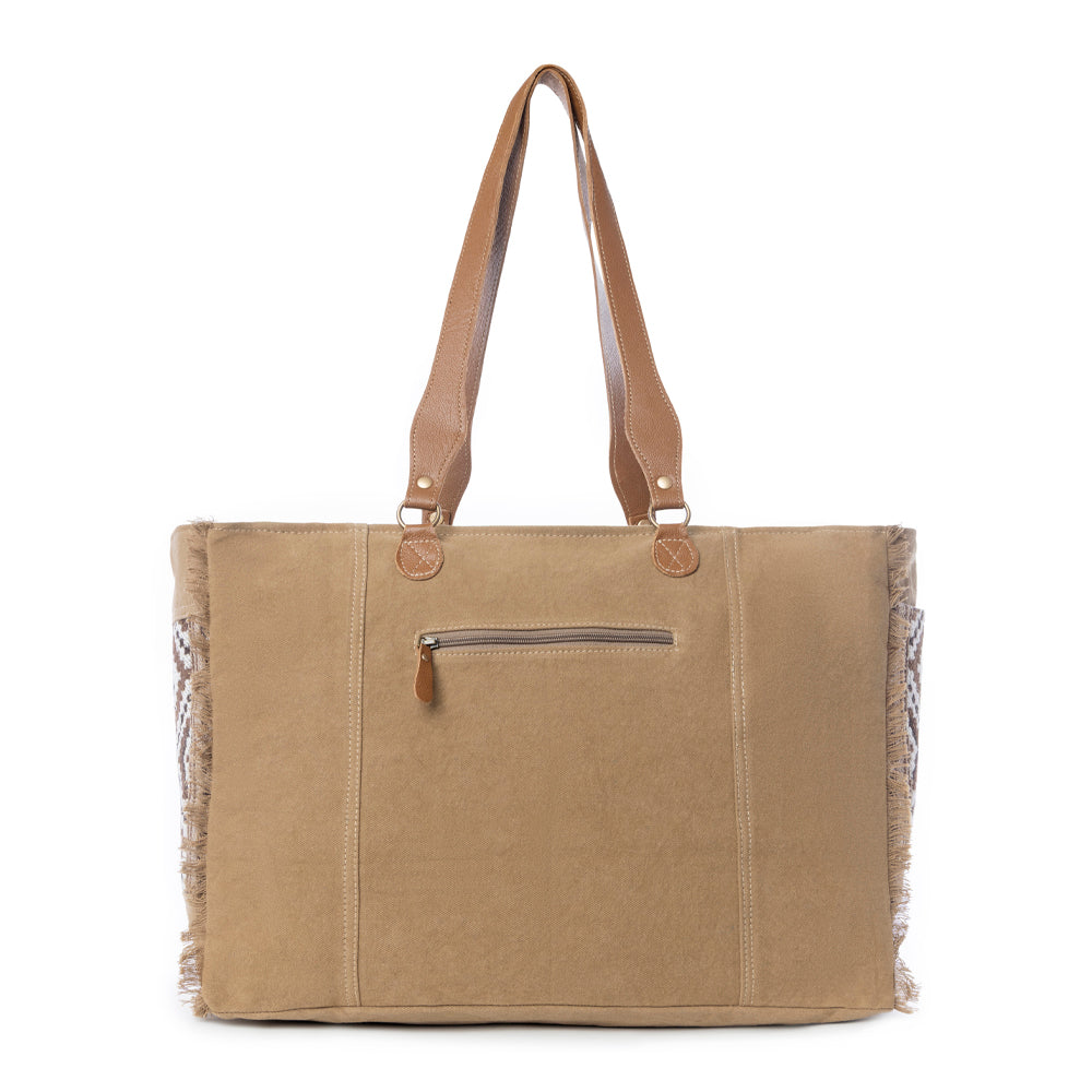 Myra Elisa Cowhide Leather Weekender Bag for Women with Tribal Woven Panel
