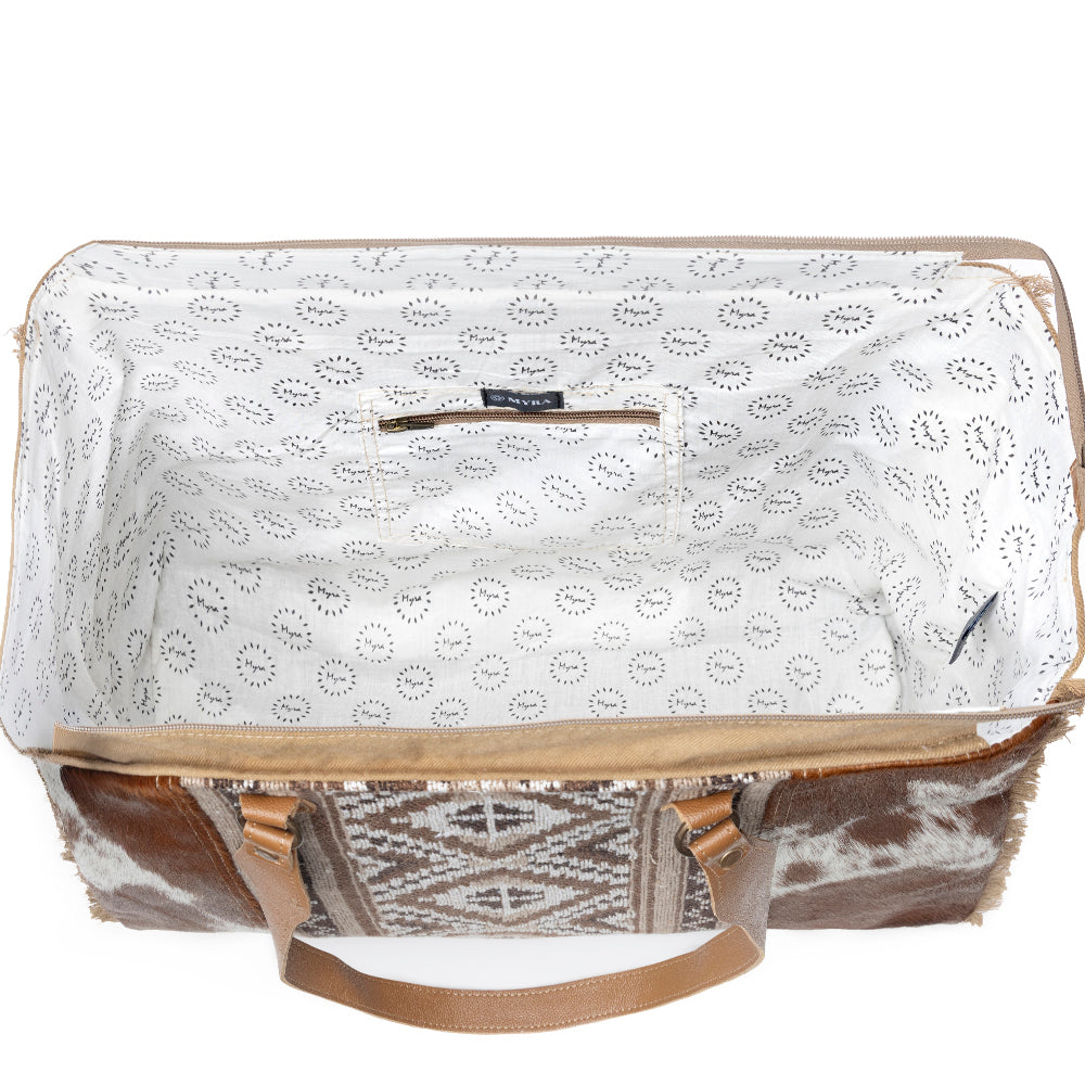 Myra Elisa Cowhide Leather Weekender Bag for Women with Tribal Woven Panel