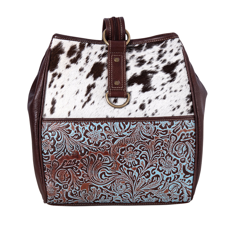 Myra Mountain Trail Convertible Crossbody Bag – Turquoise Embossed Leather & Hairon Panel with Ring Accent
