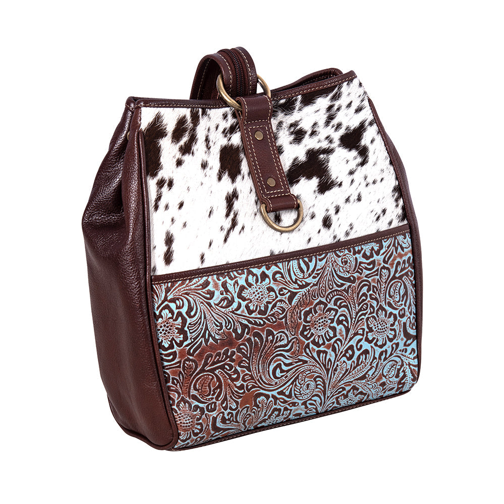 Myra Mountain Trail Convertible Crossbody Bag – Turquoise Embossed Leather & Hairon Panel with Ring Accent