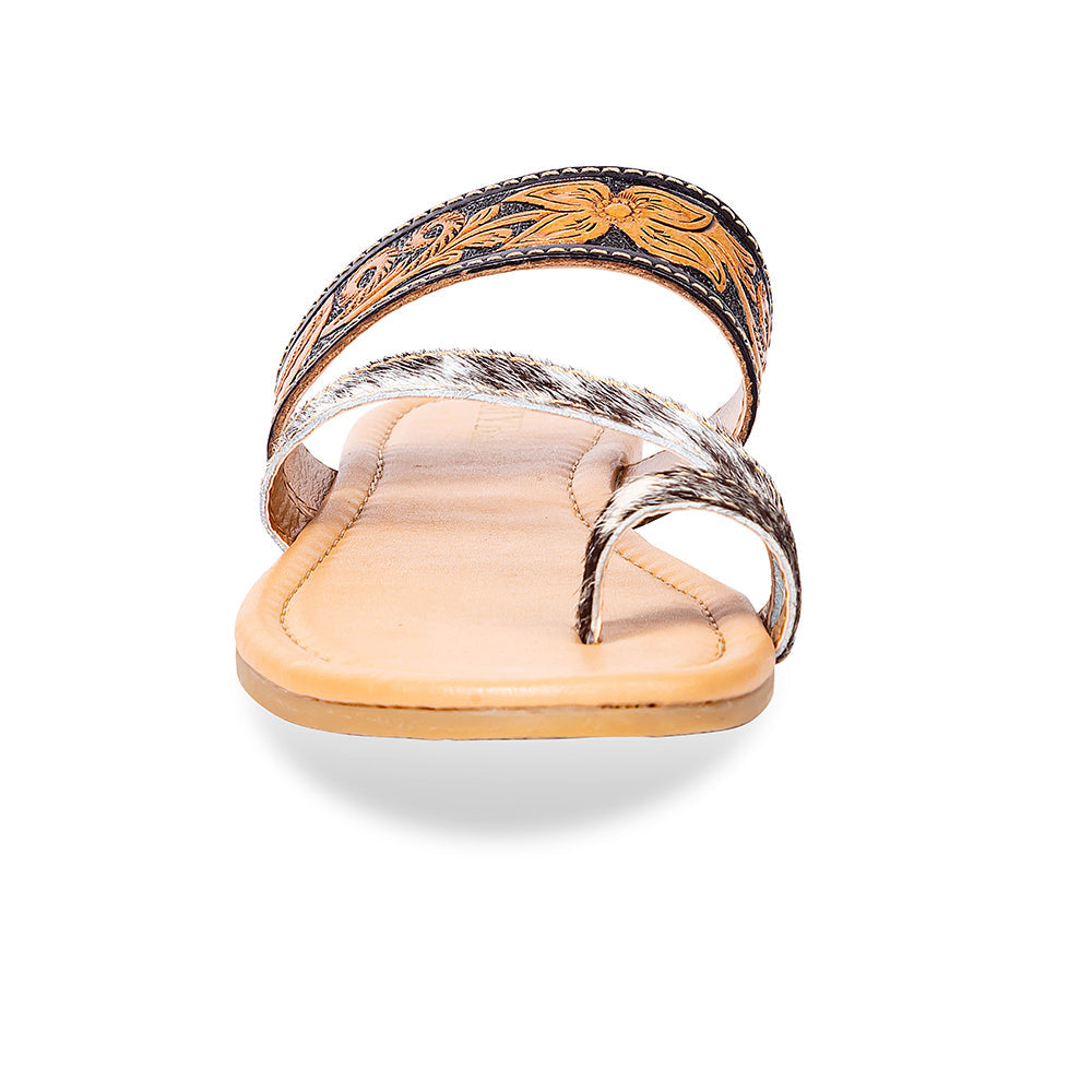 Myra Greta Lee Hair-On Leather Flip Flops for Women - Hand-Tooled Western Slippers with Flat Sole for Everyday Ease