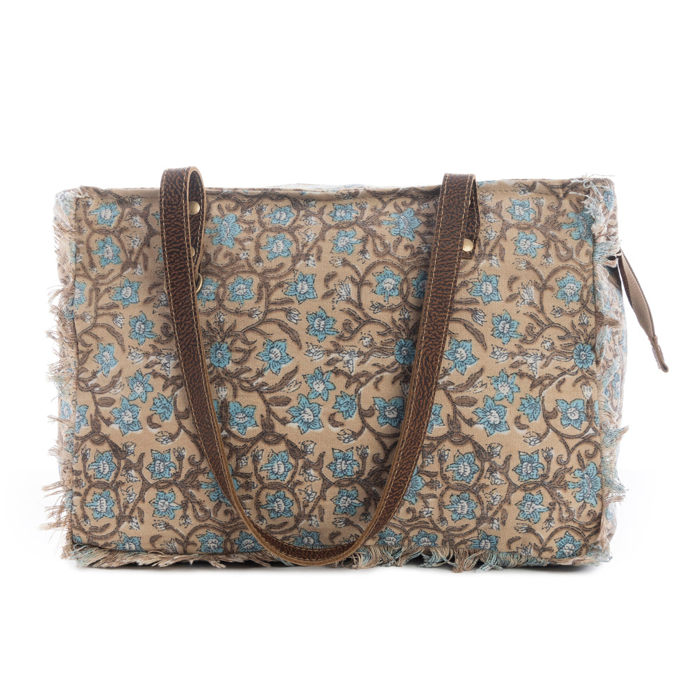 Myra San Ysidro Falls Floral Weekender Bag for Women â€“ Distressed Fabric, Leather Handles & Rustic Fringe Details