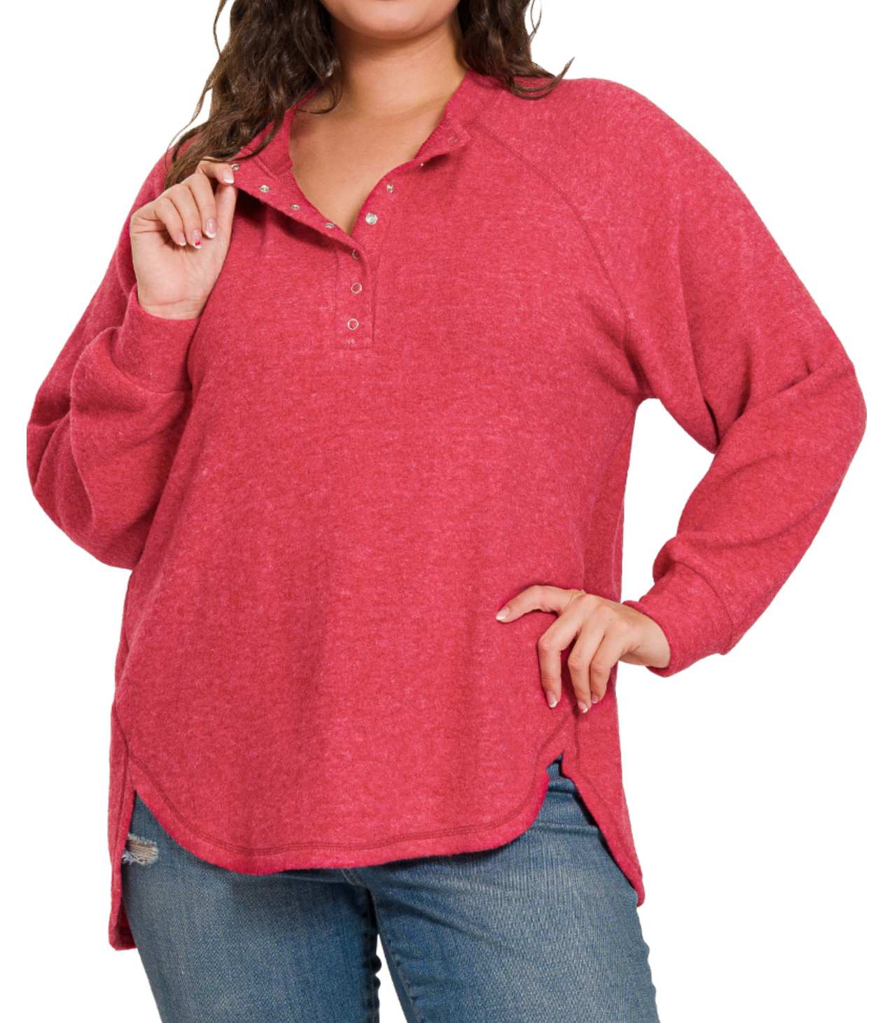 Dark Red - Plus Size - Melange Oversized 7 Button Top
