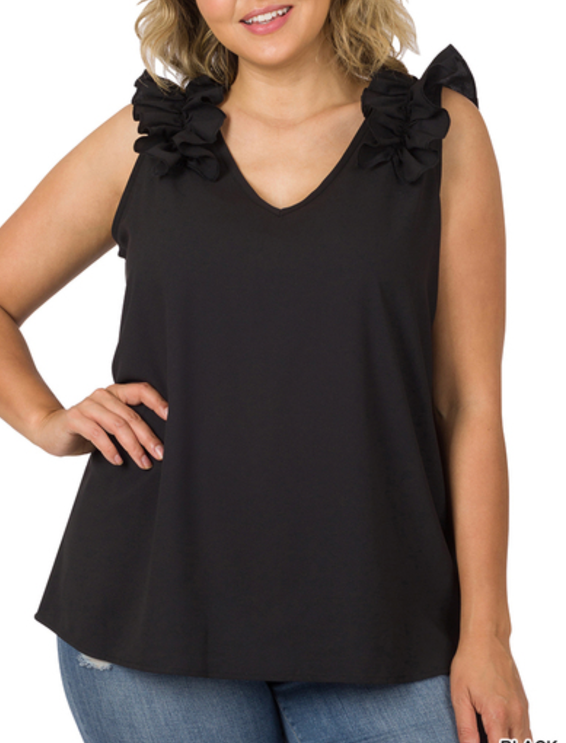 Black - Plus Size - Ruffle Trim Sleeveless Top