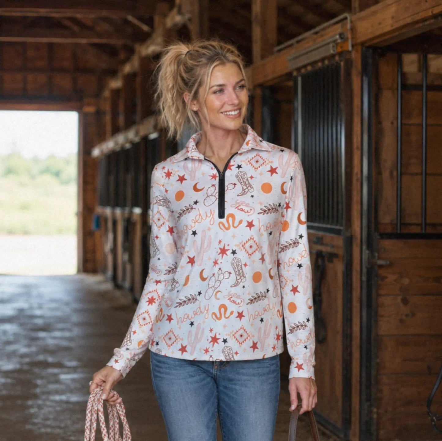 Neon Spur Yeehaw Howdy Quarter Zip Sun Shirt