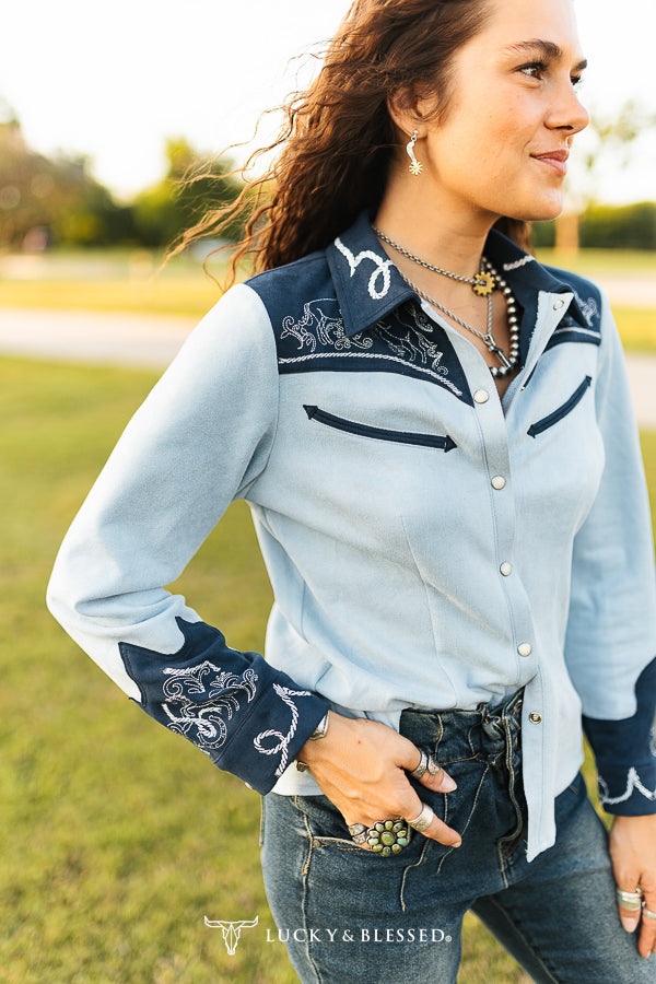 Blue suede western yoke top alternate model view