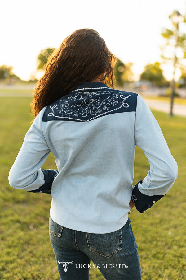 Blue suede western embroidered yoke shirt model view