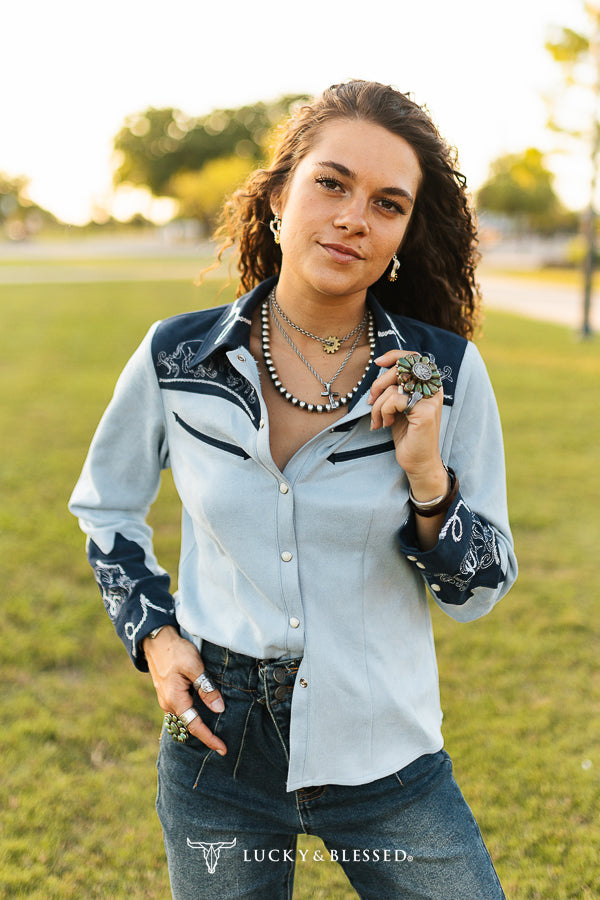 Lucky & Blessed embroidered western pearl-snap shirt front