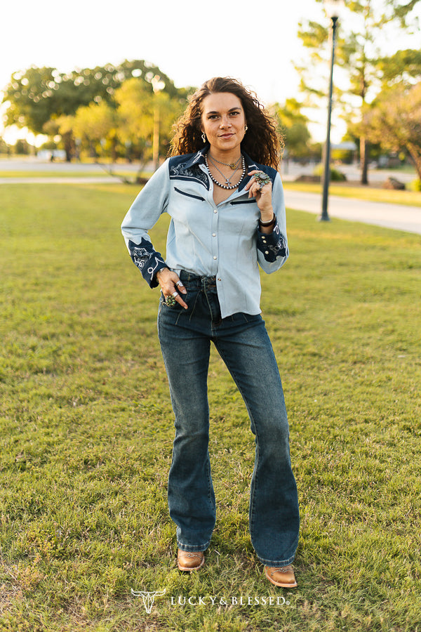 Blue suede embroidered western shirt back view
