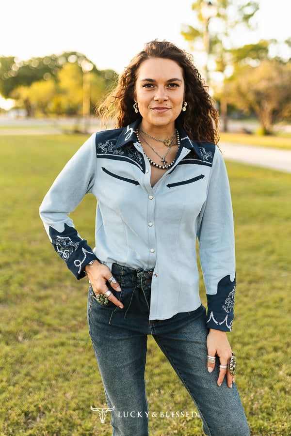 Lucky & Blessed blue suede embroidered western pearl-snap top front view