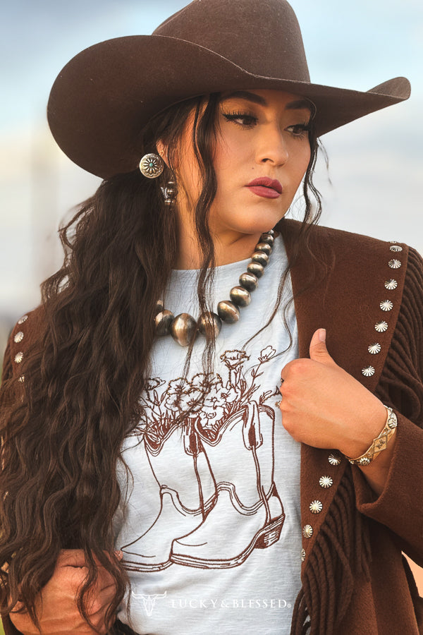 Lucky & Blessed light blue embroidered western top model view