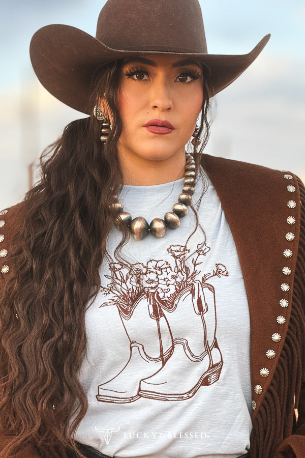Lucky & Blessed light blue cowboy boot floral embroidered long sleeve top front view