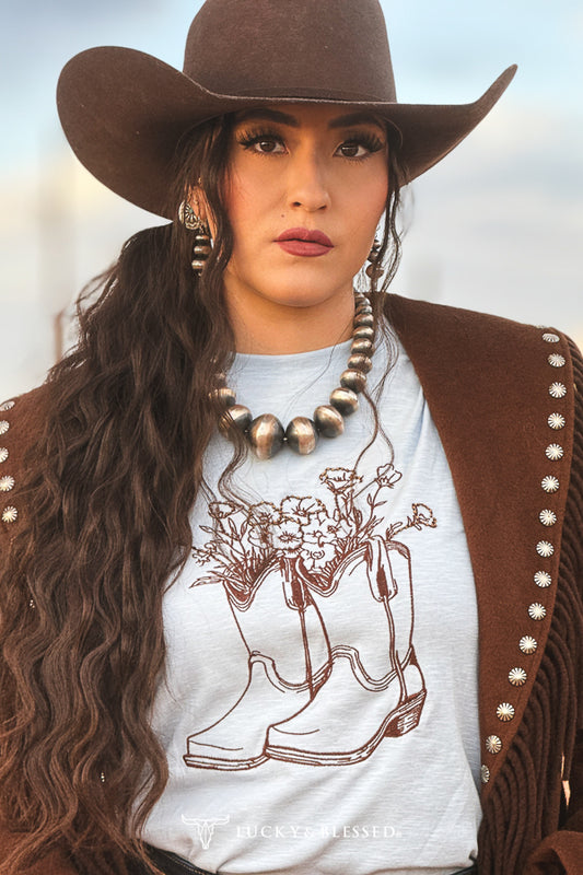 Lucky & Blessed light blue cowboy boot floral embroidered long sleeve top front view