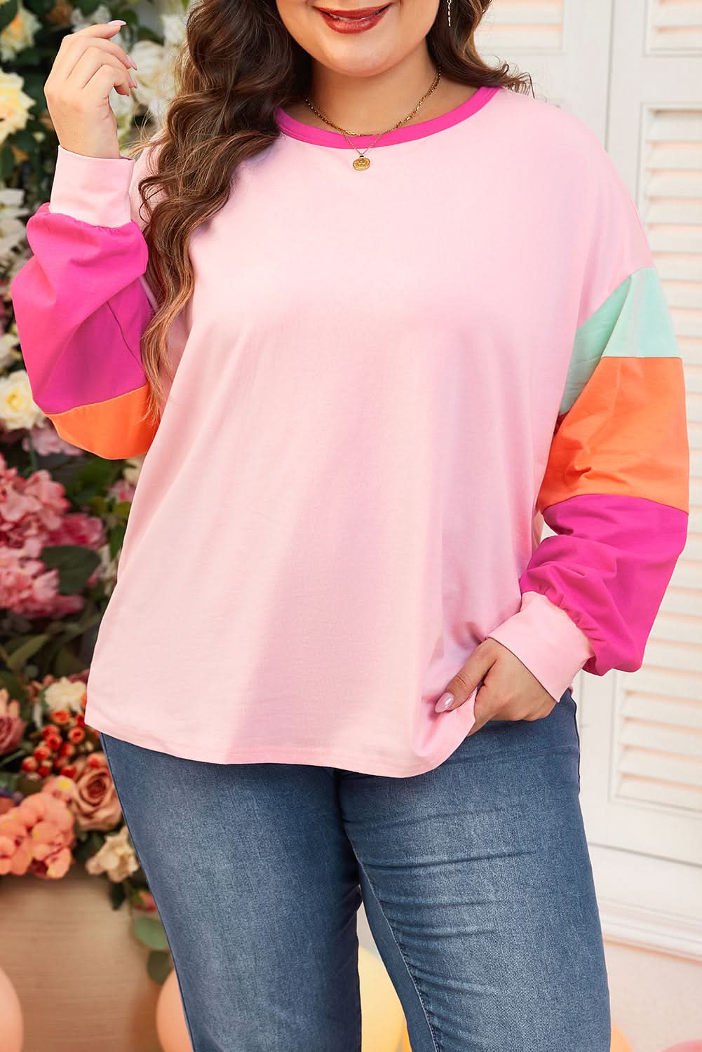 Trendy pink plus size long sleeve top