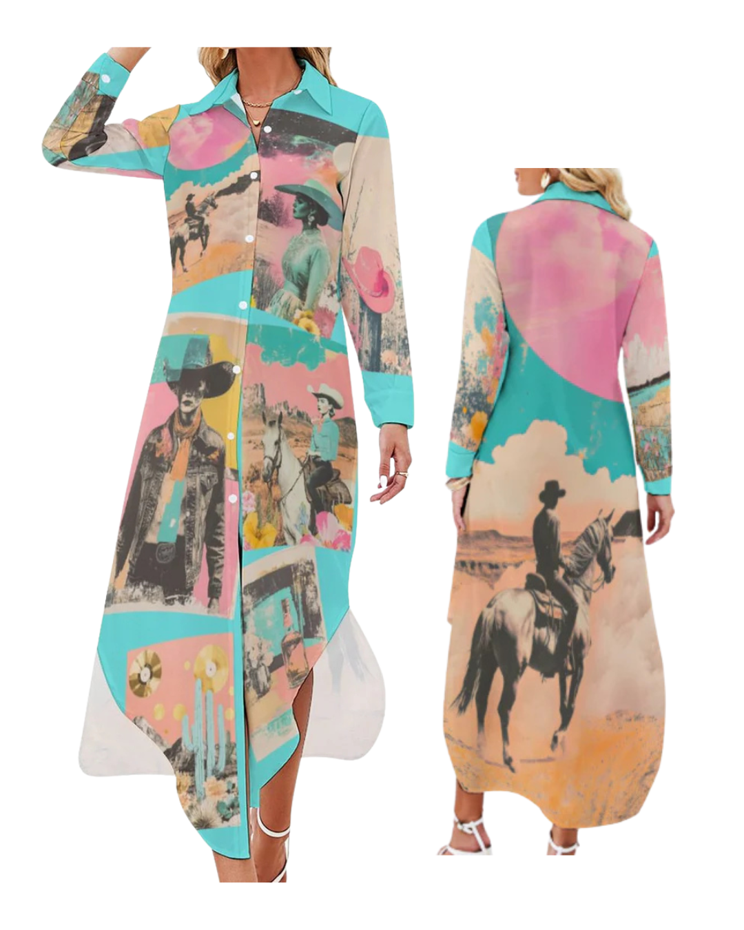 Baha Ranch Retro Pop Western Button Up Shirt Dress Duster