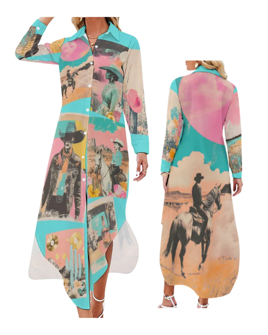 Baha Ranch Retro Pop Western Button Up Shirt Dress Duster