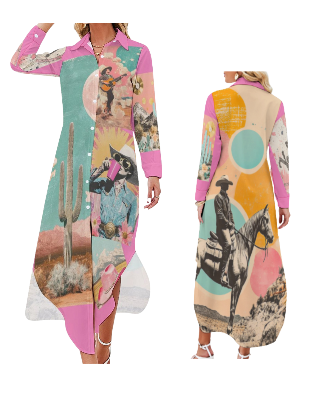 Baha Ranch Retro Pop Western Desert Cowboy Button Up Shirt Dress Duster