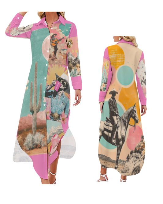 Baha Ranch Retro Pop Western Desert Cowboy Button Up Shirt Dress Duster
