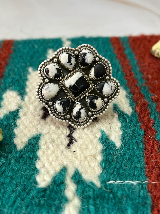 Handmade Sterling Silver White Buffalo Adjustable Ring with Signed Nizhoni