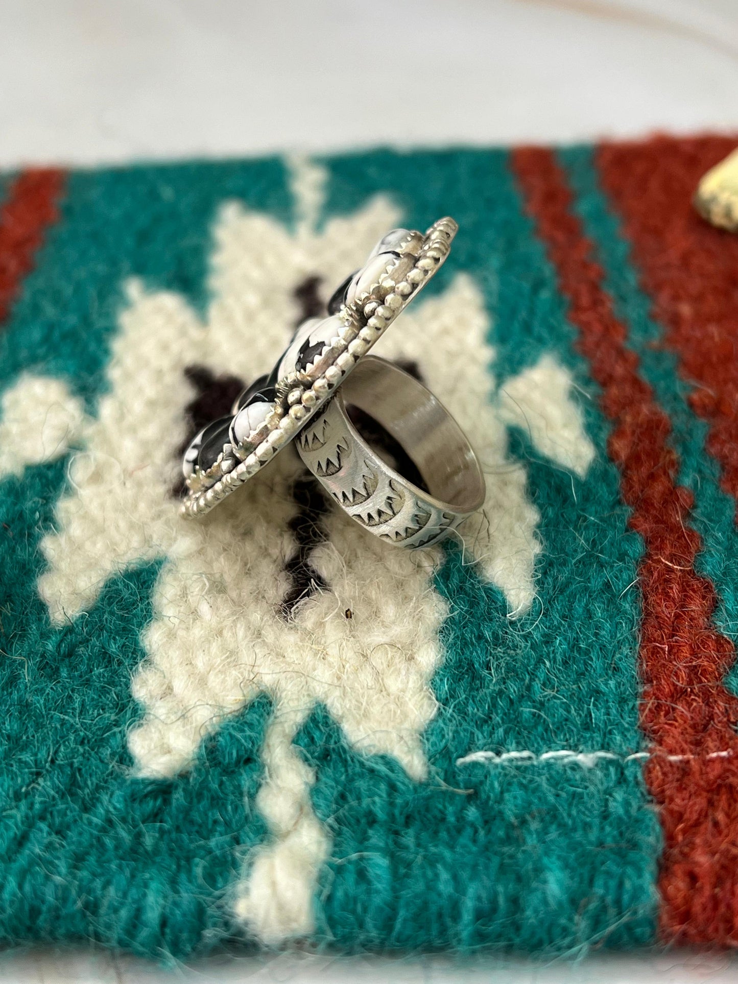 Handmade Sterling Silver White Buffalo Adjustable Ring with Signed Nizhoni